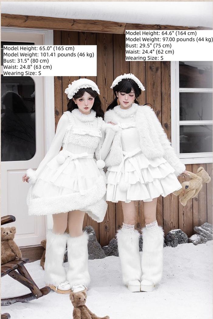 With PUJI - White Choco - Winter Kawaii Lolita JSK Dress Set, Fluffy Accents - Image 7