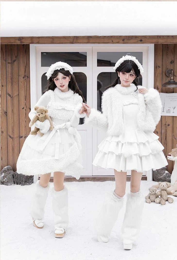 With PUJI - White Choco - Winter Kawaii Lolita JSK Dress Set, Fluffy Accents - Image 8