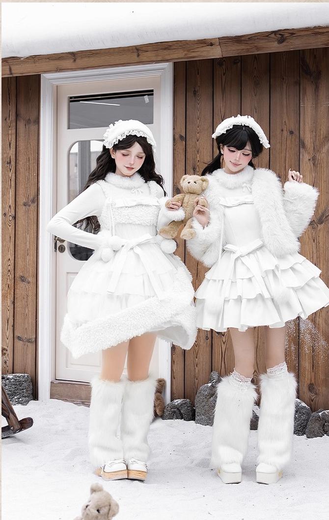 With PUJI - White Choco - Winter Kawaii Lolita JSK Dress Set, Fluffy Accents - Image 9