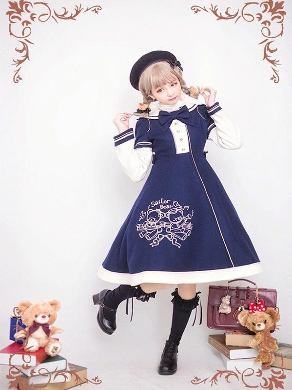 Winter Kawaii Lolita Sailor Collar Overcoat, Bear Embroidery - Image 2