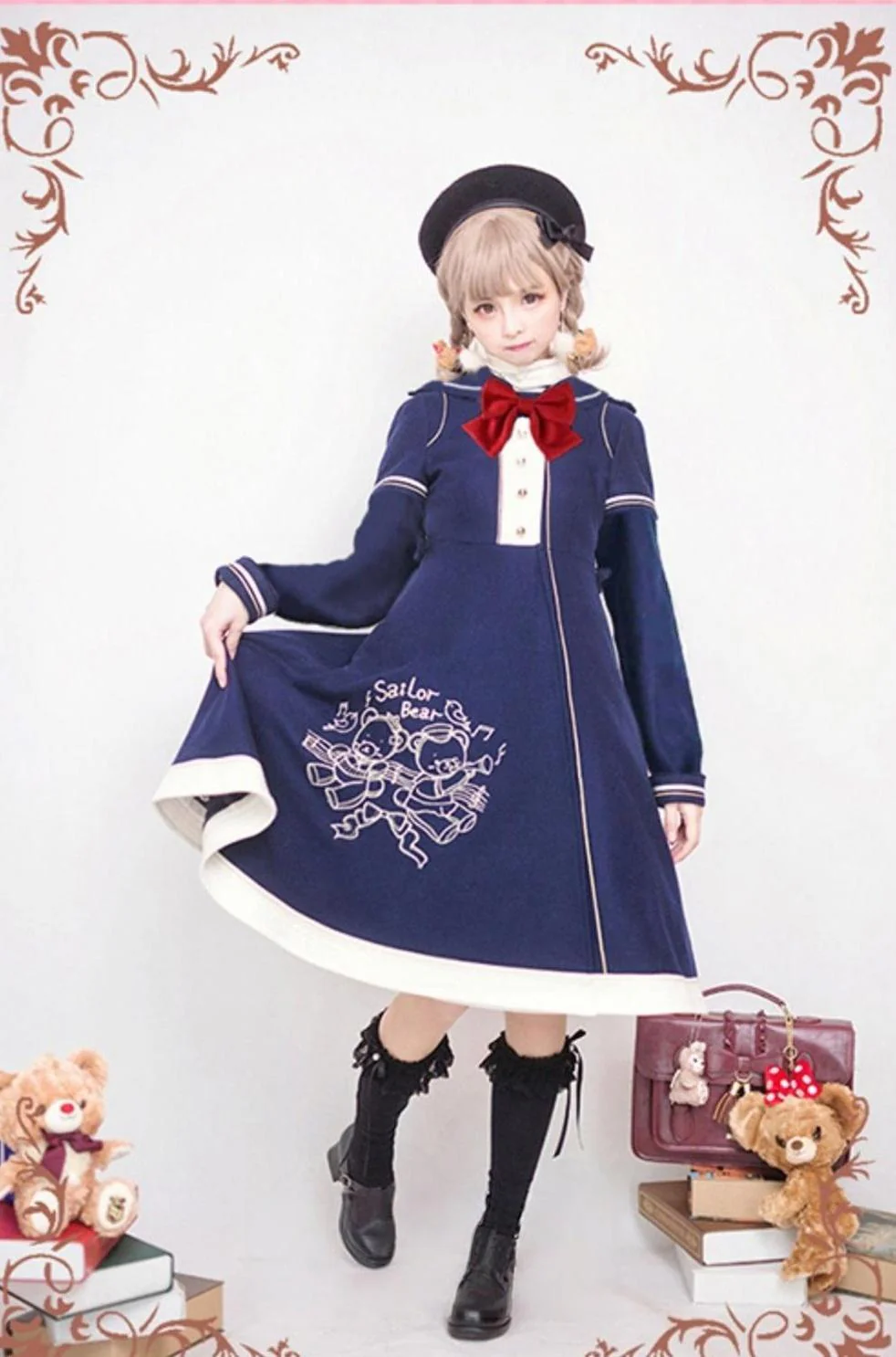 Winter Kawaii Lolita Sailor Collar Overcoat, Bear Embroidery - Image 3