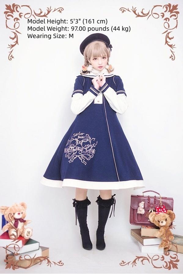 Winter Kawaii Lolita Sailor Collar Overcoat, Bear Embroidery - Image 4