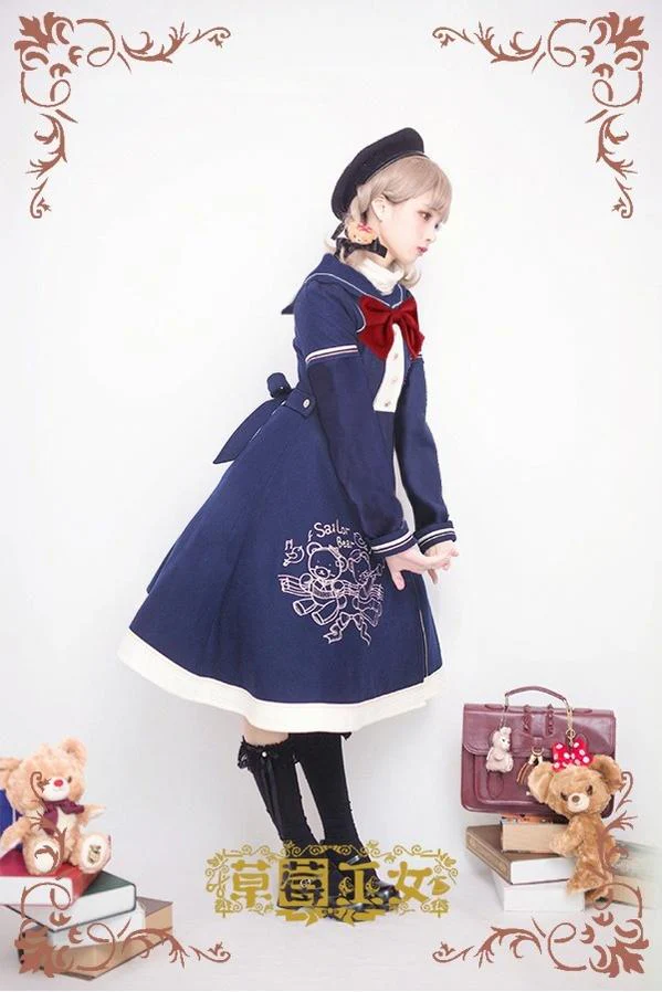 Winter Kawaii Lolita Sailor Collar Overcoat, Bear Embroidery - Image 5