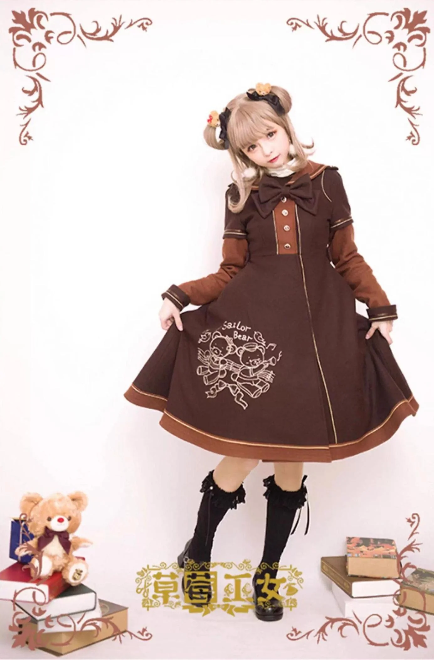 Winter Kawaii Lolita Sailor Collar Overcoat, Bear Embroidery - Image 6