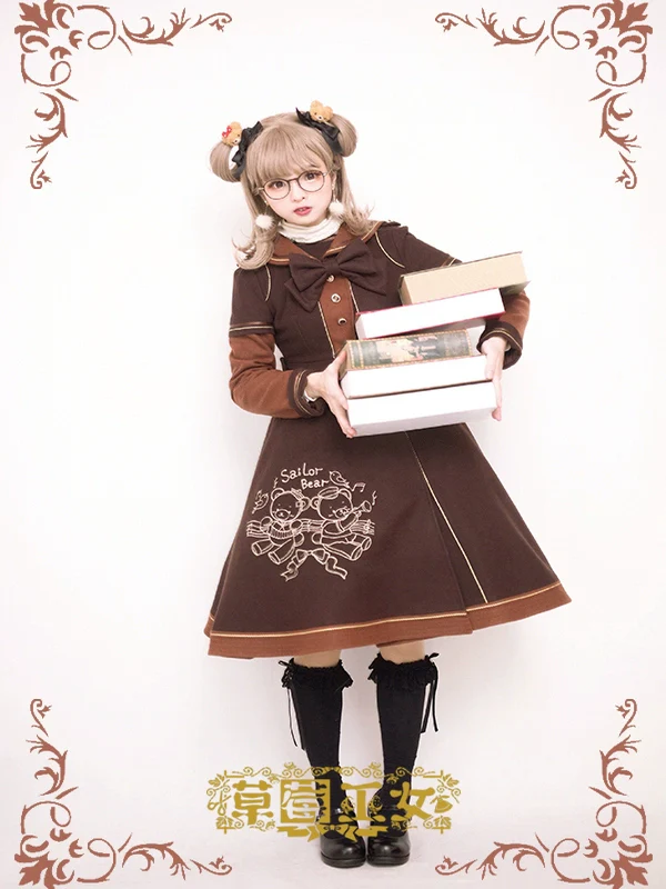 Winter Kawaii Lolita Sailor Collar Overcoat, Bear Embroidery - Image 7