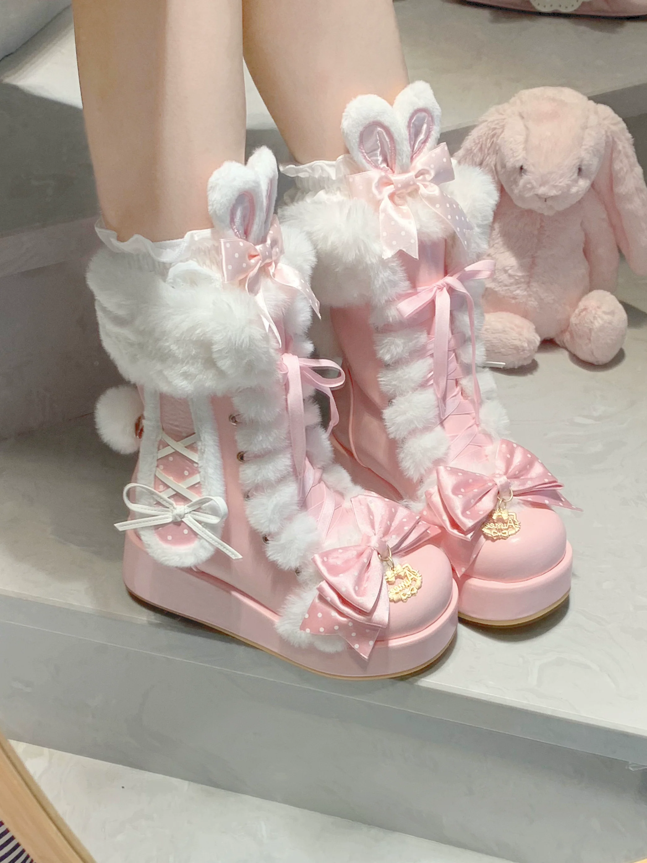 Cherry Snow Bunny Ears - Winter Sweet Lolita Boots, Bunny Ears - Image 10