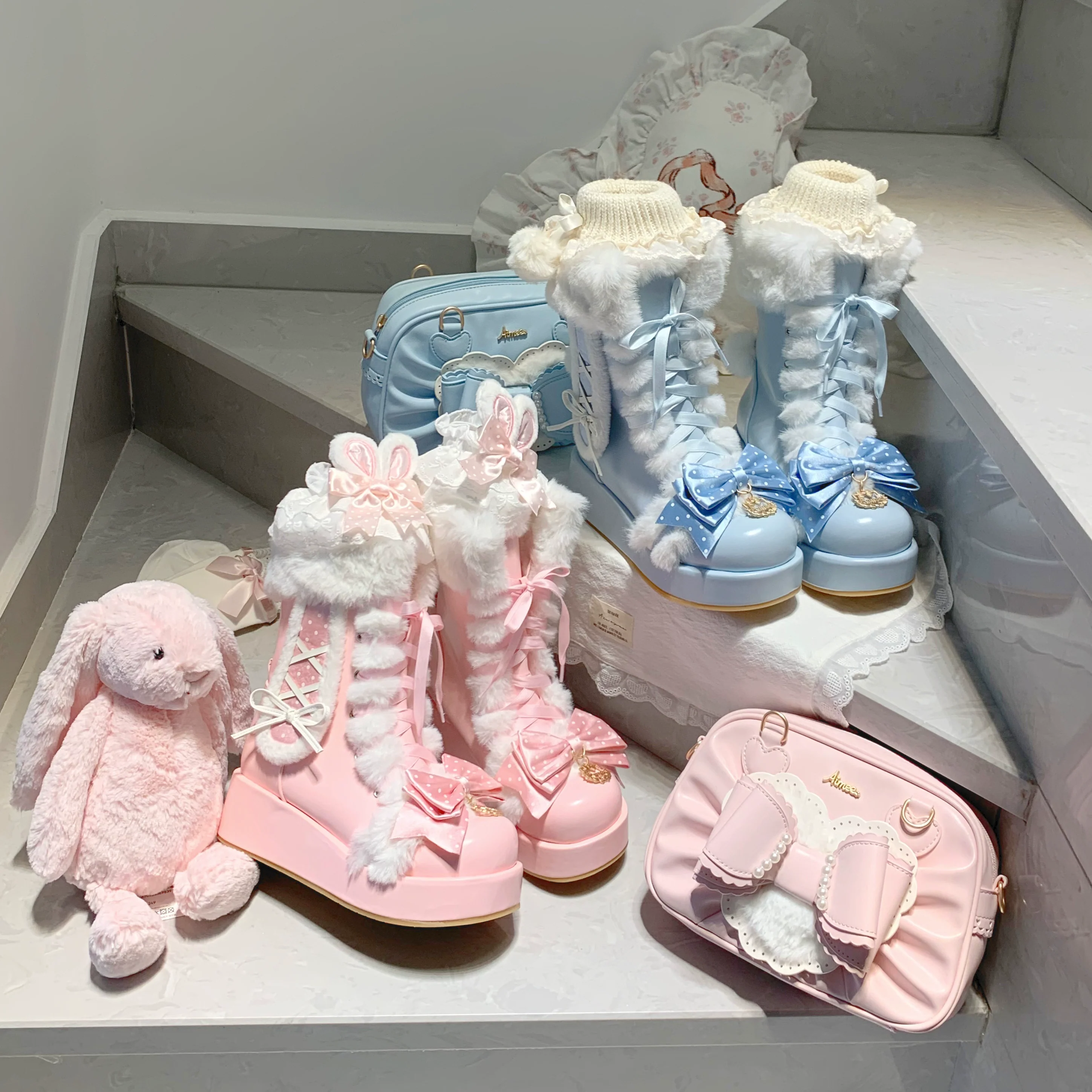 Cherry Snow Bunny Ears - Winter Sweet Lolita Boots, Bunny Ears - Image 19