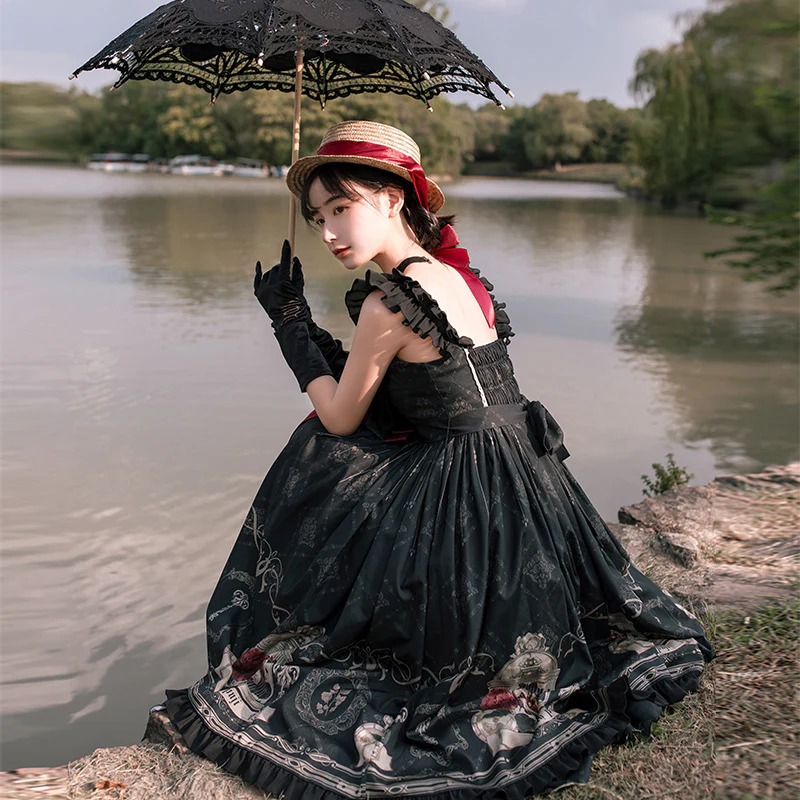 With PUJI - Nightingale and Rose - Gothic Black and Red JSK Dress - Image 3