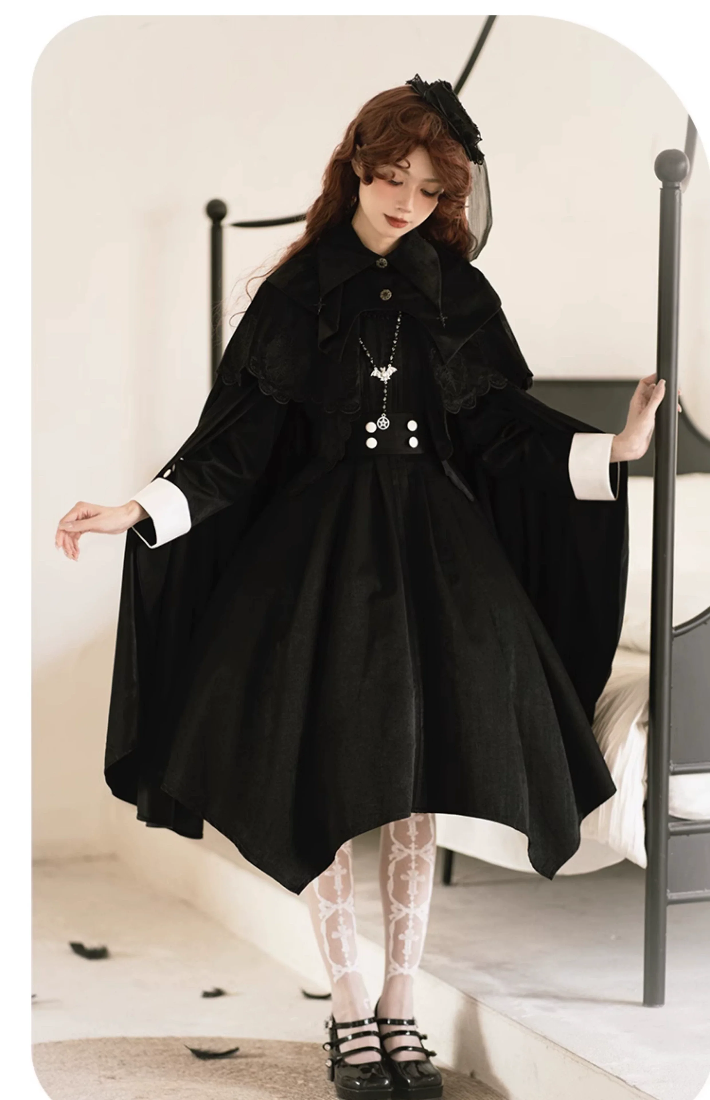 With Puji - Pilgrim - Black Gothic Lolita Cape, Detachable 2-Piece - Image 12