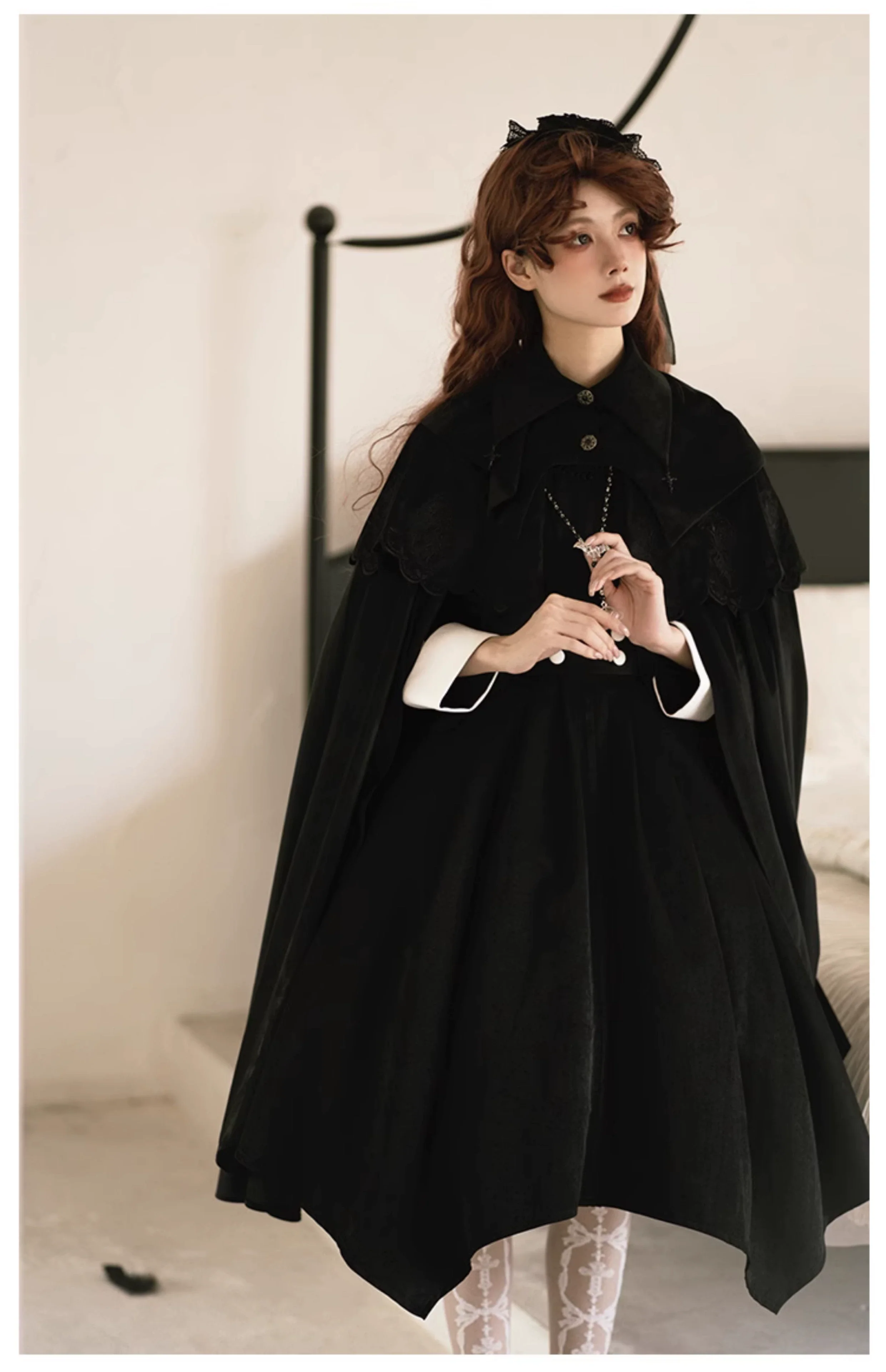 With Puji - Pilgrim - Black Gothic Lolita Cape, Detachable 2-Piece - Image 14