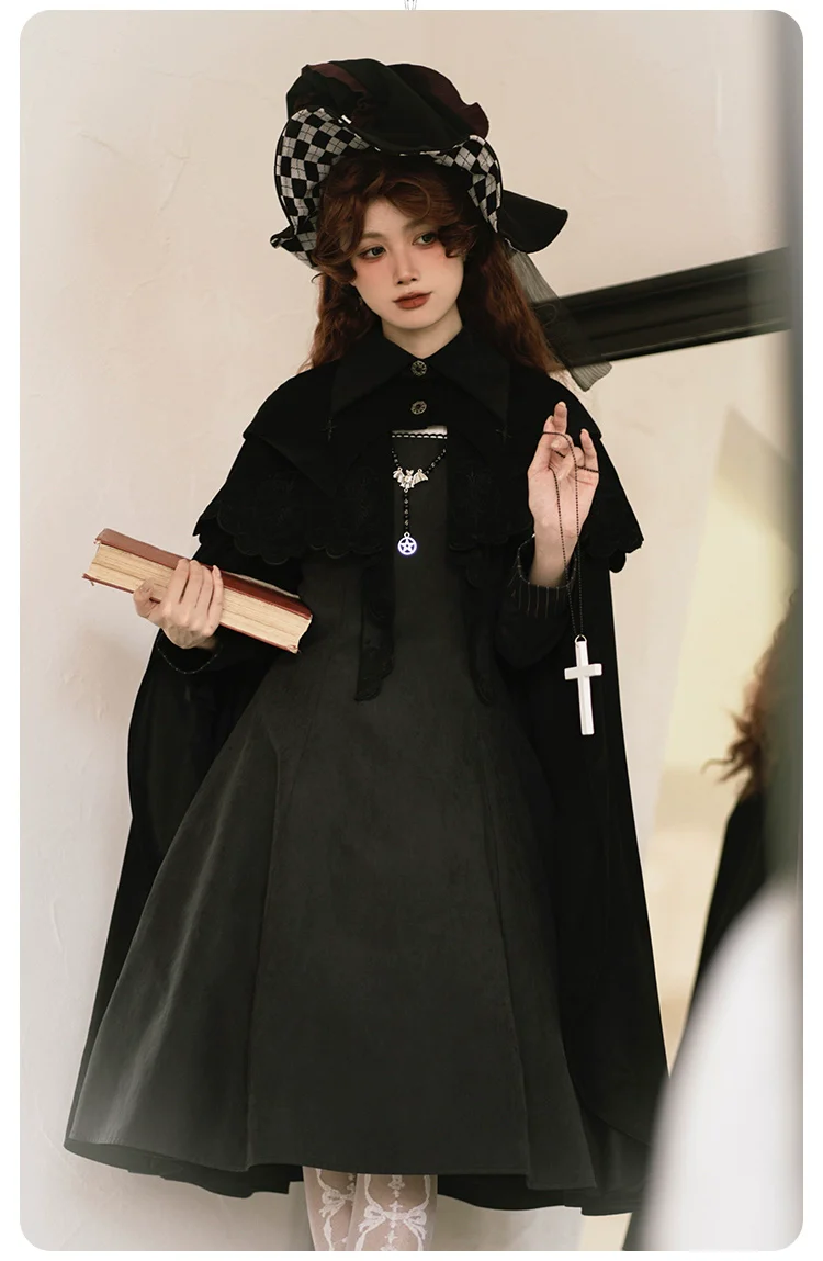 With Puji - Pilgrim - Black Gothic Lolita Cape, Detachable 2-Piece - Image 19