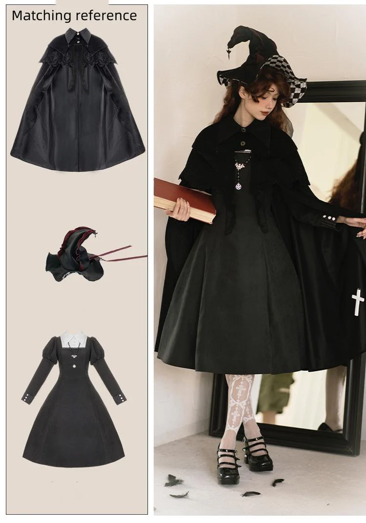 With Puji - Pilgrim - Black Gothic Lolita Cape, Detachable 2-Piece - Image 22