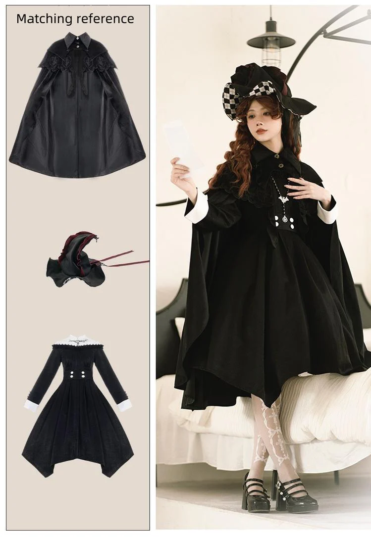 With Puji - Pilgrim - Black Gothic Lolita Cape, Detachable 2-Piece - Image 24