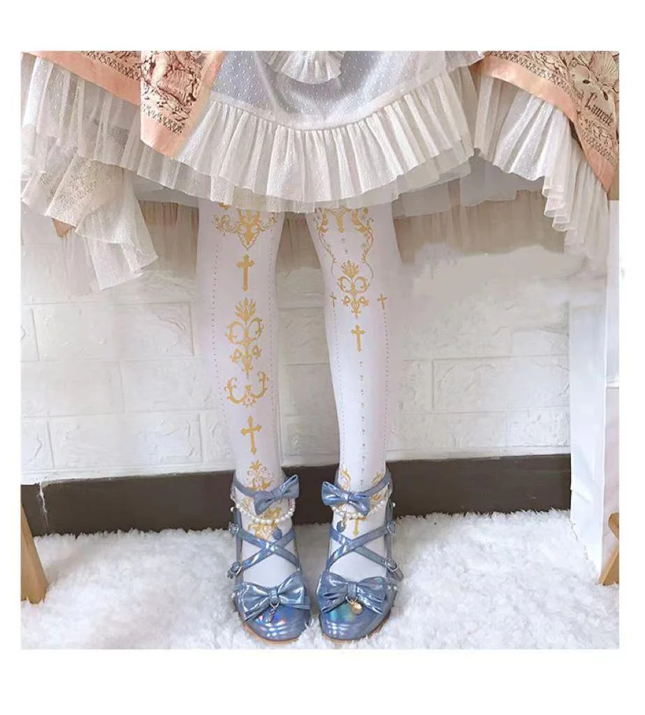 Elegant Lolita Pantyhose Daily Gold Foil Printing Tights - Image 10