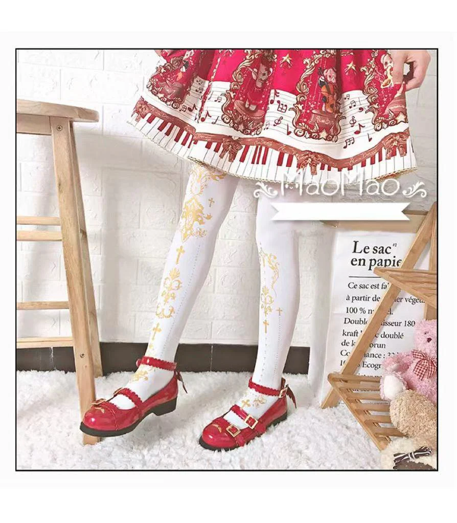 Elegant Lolita Pantyhose Daily Gold Foil Printing Tights - Image 11