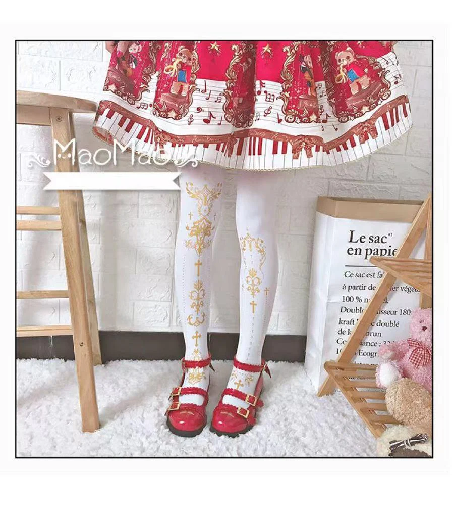 Elegant Lolita Pantyhose Daily Gold Foil Printing Tights - Image 12