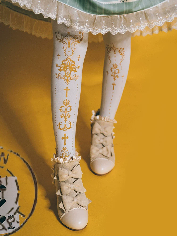 Elegant Lolita Pantyhose Daily Gold Foil Printing Tights - Image 6