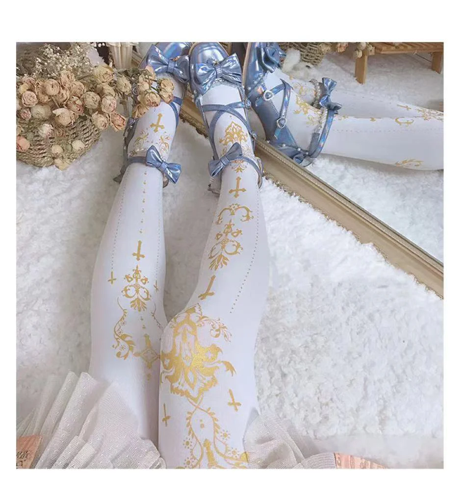 Elegant Lolita Pantyhose Daily Gold Foil Printing Tights - Image 8