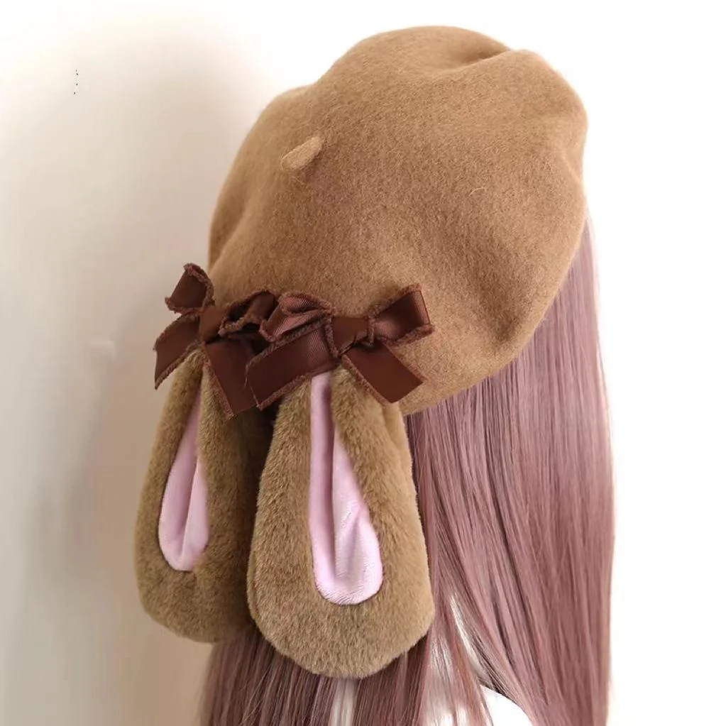 Xiaogui - Winter Lolita Beret Rabbit Ear Hat Bow Beret - Image 2
