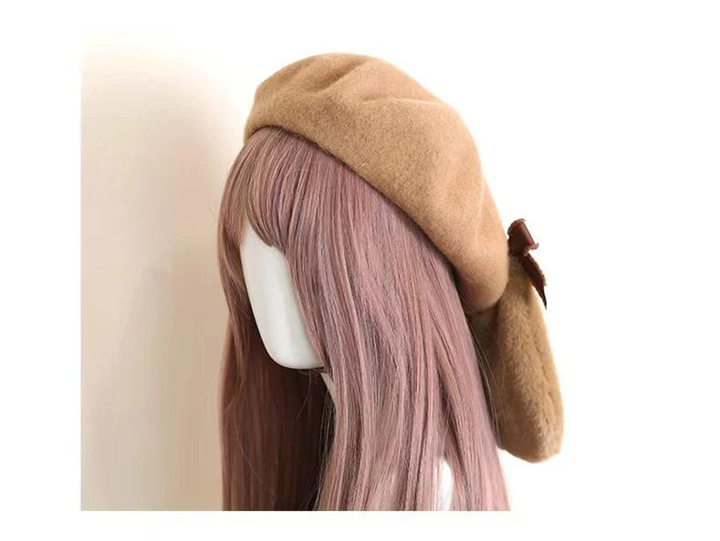 Xiaogui - Winter Lolita Beret Rabbit Ear Hat Bow Beret - Image 3