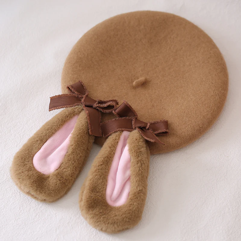 Xiaogui - Winter Lolita Beret Rabbit Ear Hat Bow Beret - Image 5