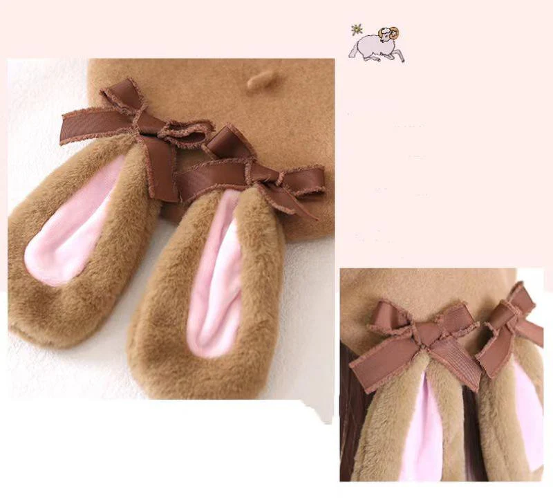 Xiaogui - Winter Lolita Beret Rabbit Ear Hat Bow Beret - Image 6
