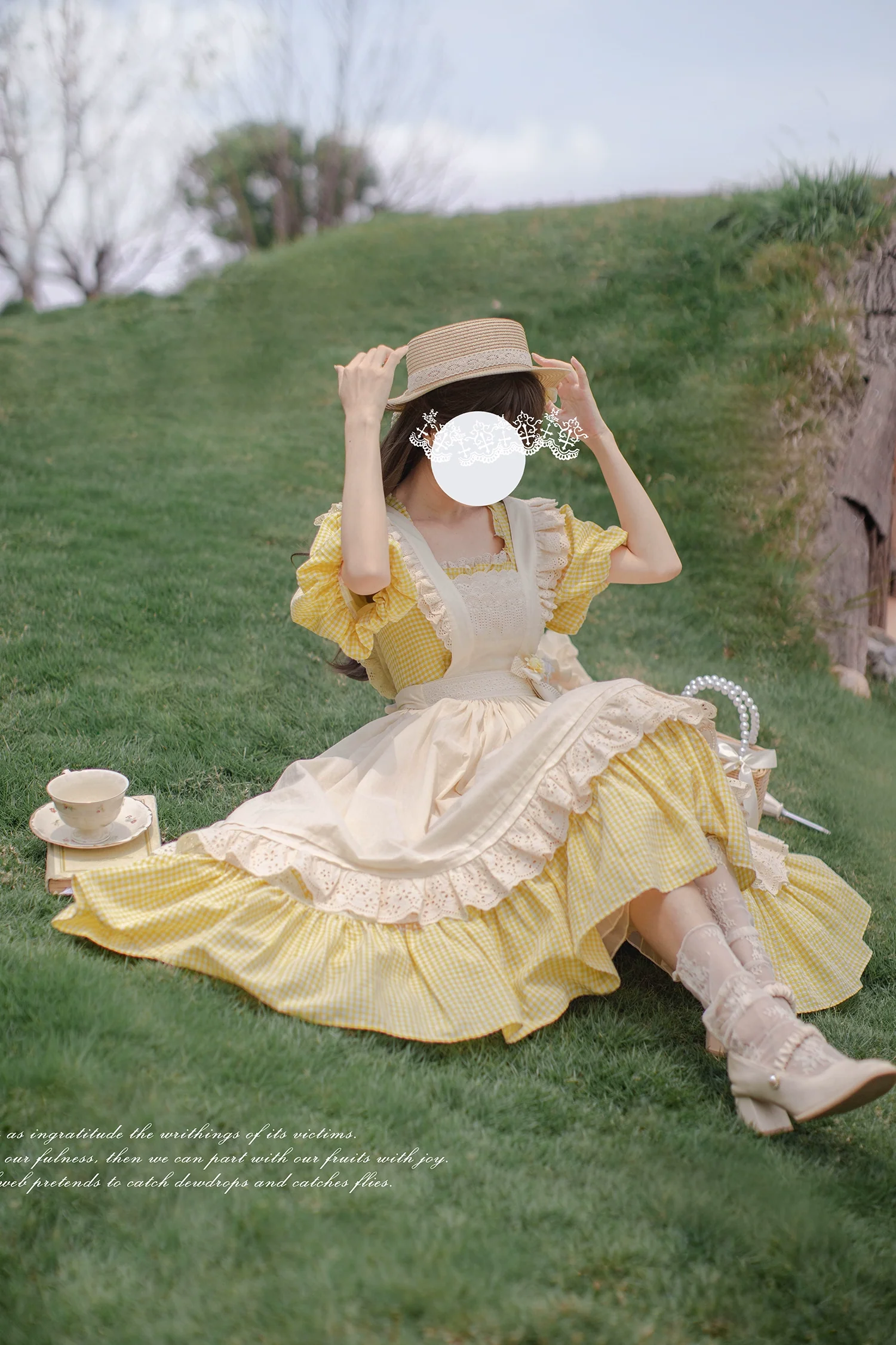 HuTaoMuJK - Belle - Yellow Lolita OP Dress Set Apron Dress Plaid Print - Image 12