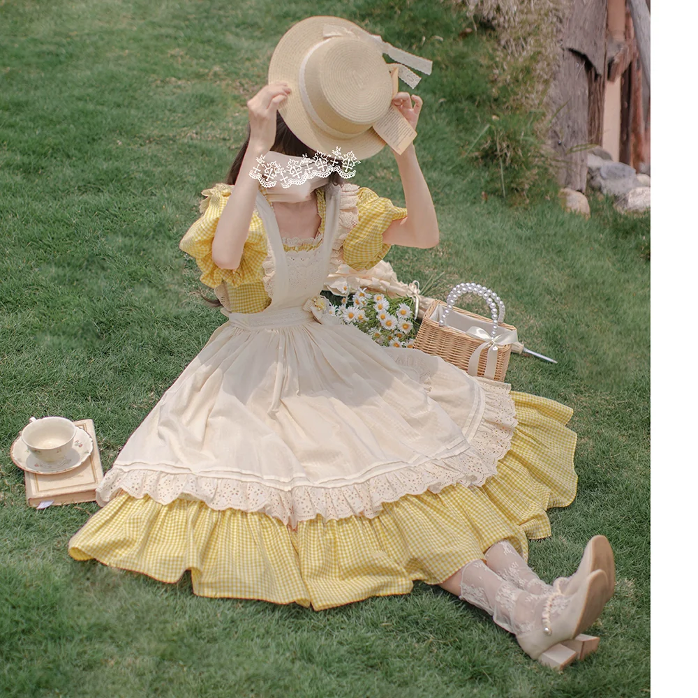 HuTaoMuJK - Belle - Yellow Lolita OP Dress Set Apron Dress Plaid Print - Image 13