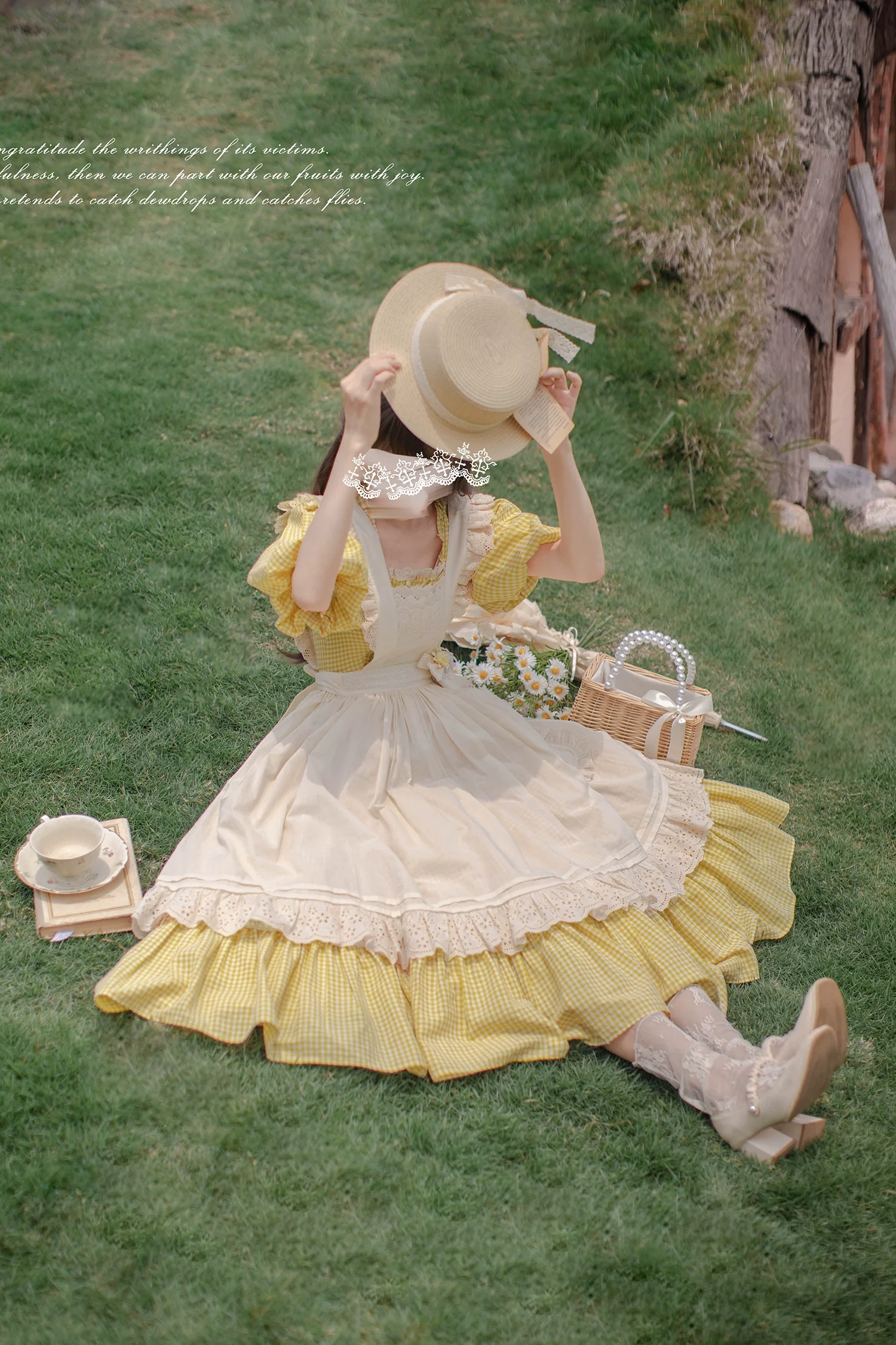 HuTaoMuJK - Belle - Yellow Lolita OP Dress Set Apron Dress Plaid Print - Image 14