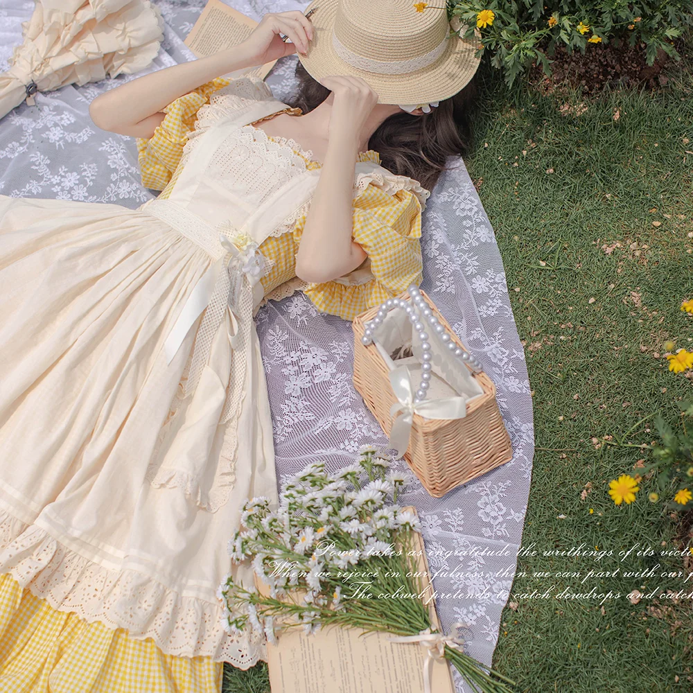 HuTaoMuJK - Belle - Yellow Lolita OP Dress Set Apron Dress Plaid Print - Image 20