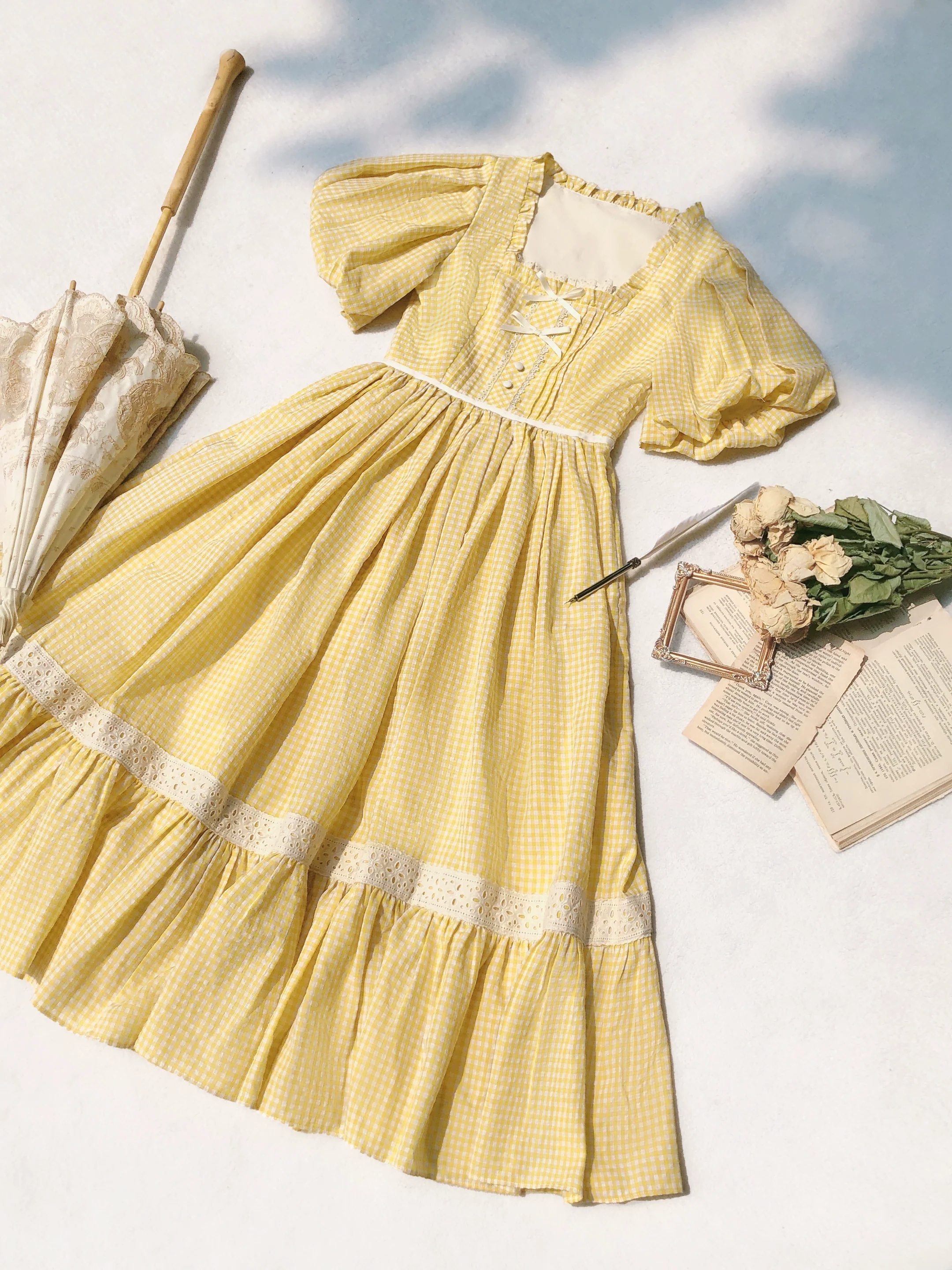HuTaoMuJK - Belle - Yellow Lolita OP Dress Set Apron Dress Plaid Print - Image 21