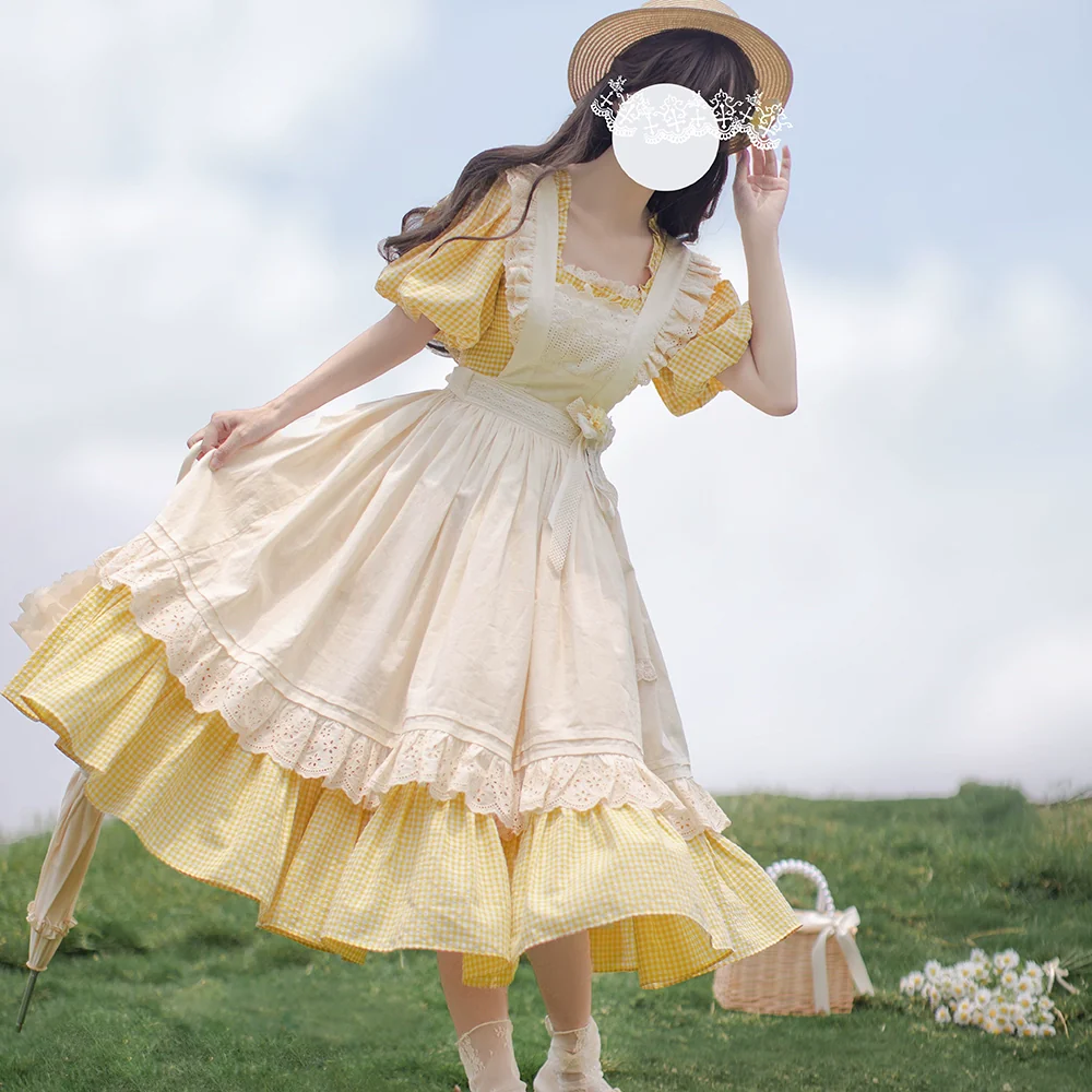 HuTaoMuJK - Belle - Yellow Lolita OP Dress Set Apron Dress Plaid Print - Image 3