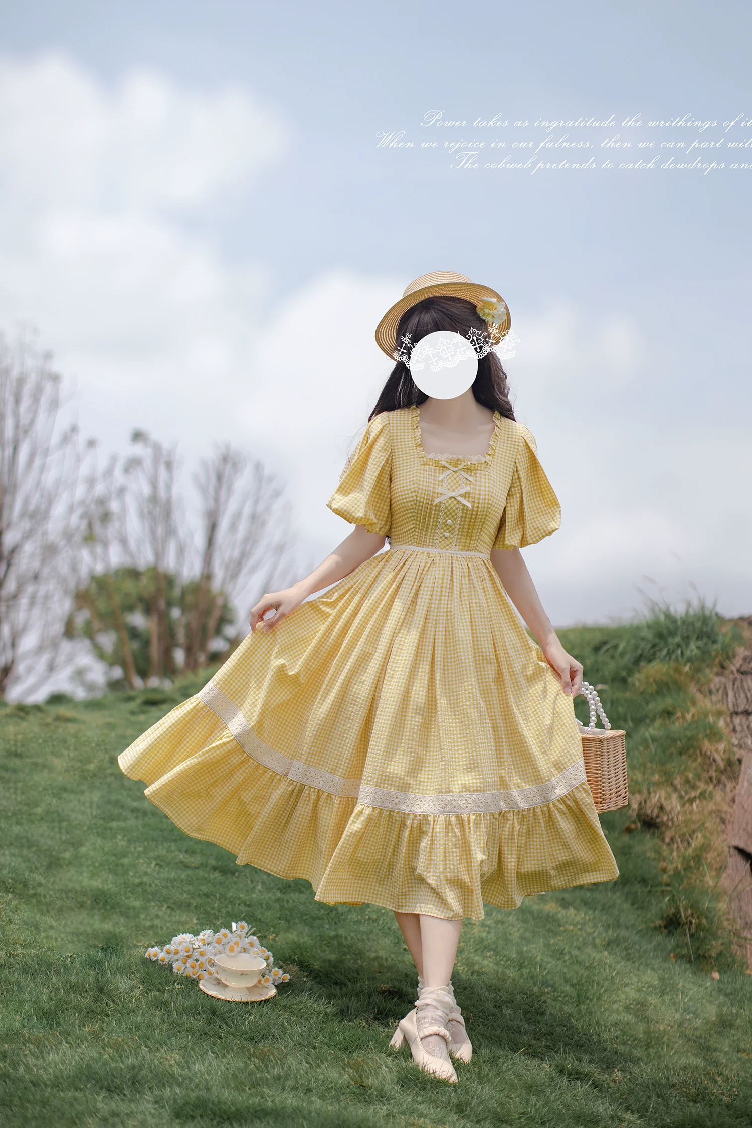 HuTaoMuJK - Belle - Yellow Lolita OP Dress Set Apron Dress Plaid Print - Image 4