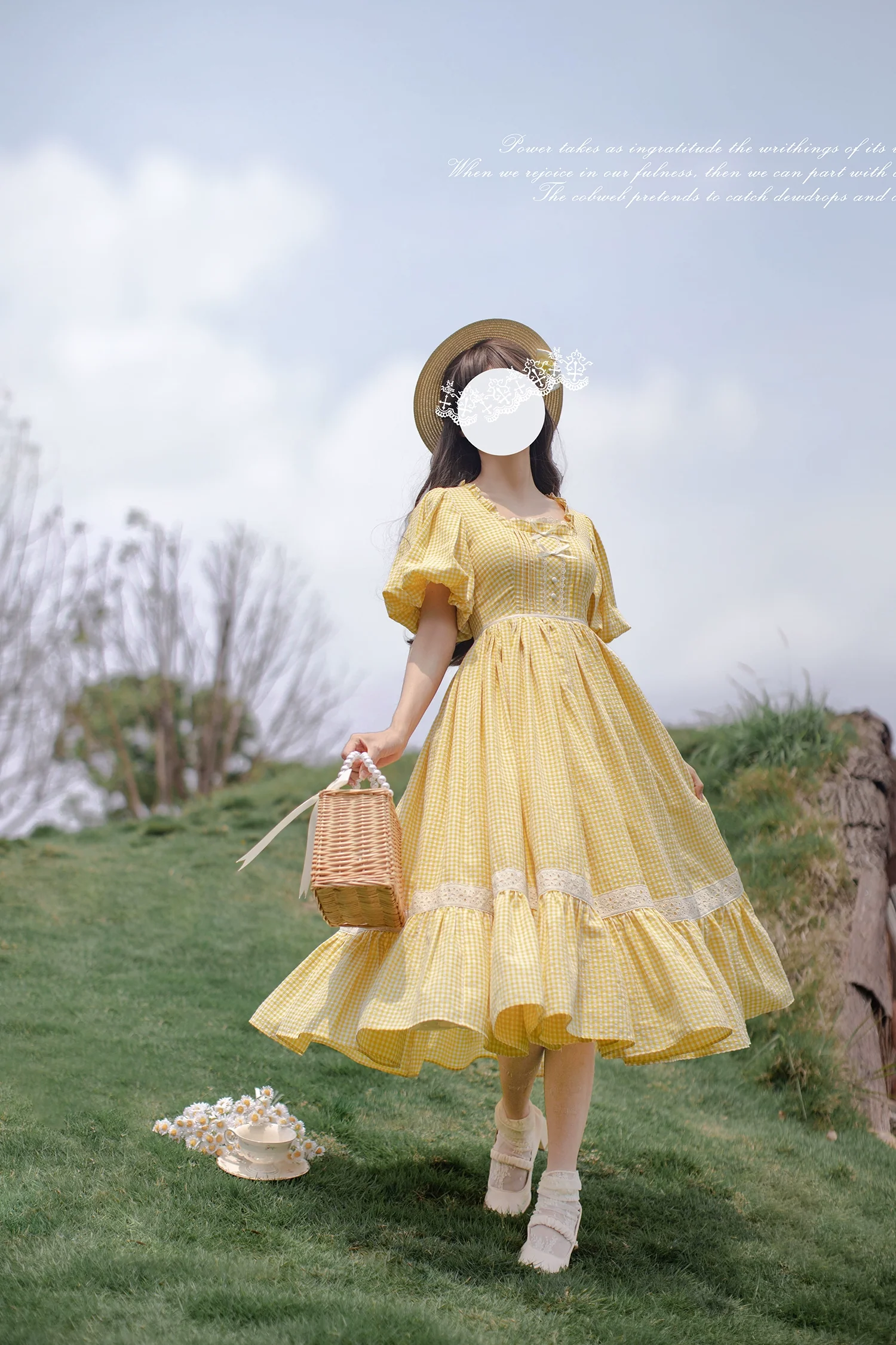 HuTaoMuJK - Belle - Yellow Lolita OP Dress Set Apron Dress Plaid Print - Image 5