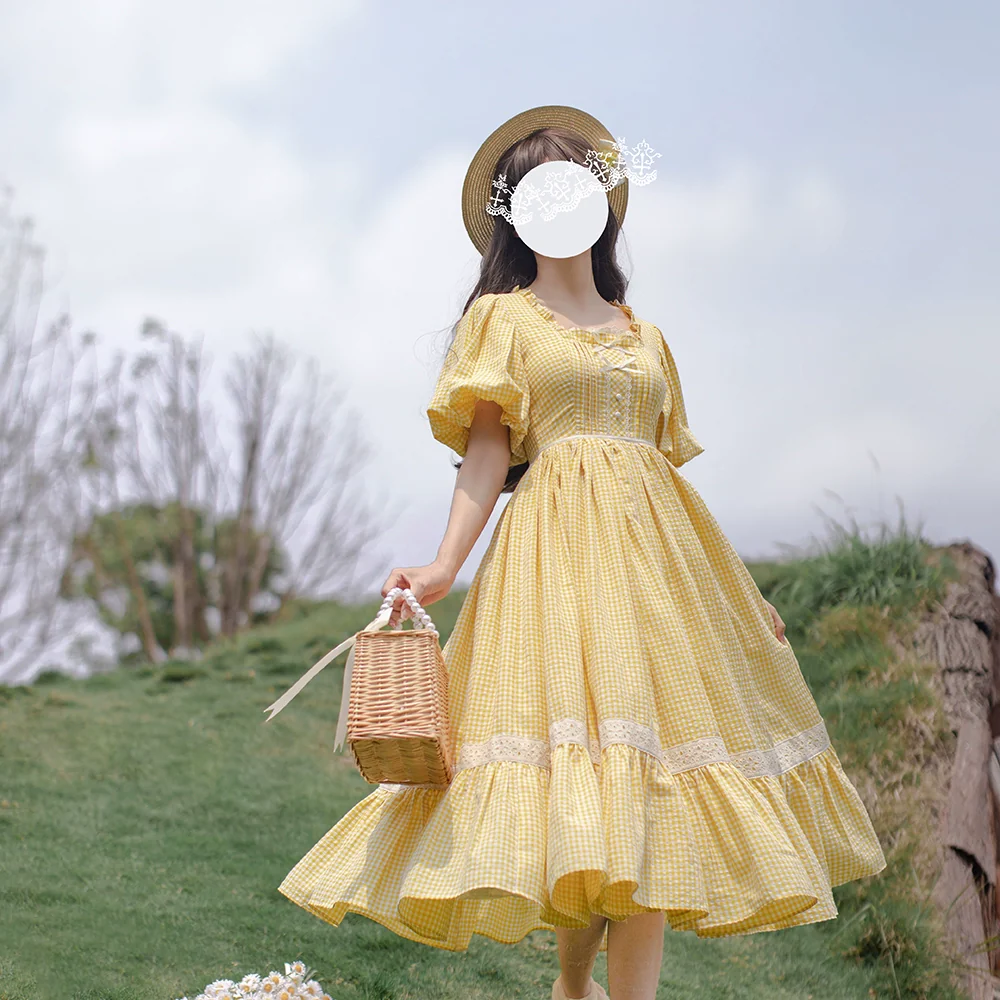 HuTaoMuJK - Belle - Yellow Lolita OP Dress Set Apron Dress Plaid Print - Image 6