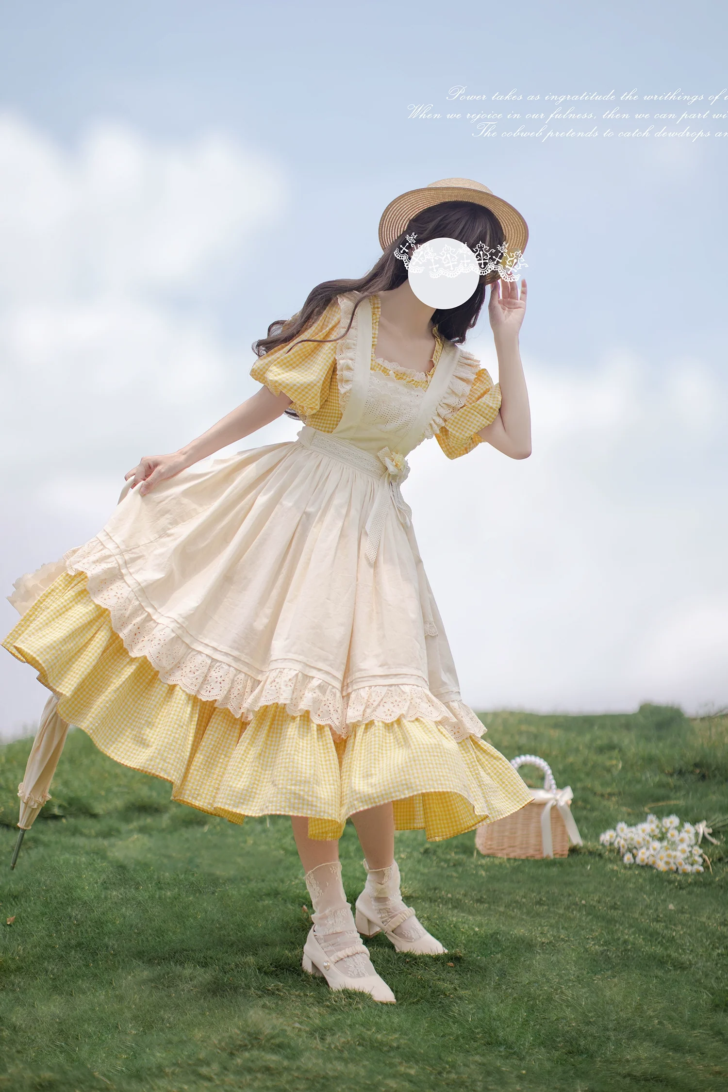 HuTaoMuJK - Belle - Yellow Lolita OP Dress Set Apron Dress Plaid Print - Image 7