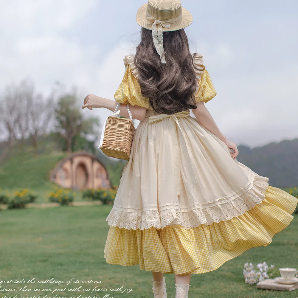 HuTaoMuJK - Belle - Yellow Lolita OP Dress Set Apron Dress Plaid Print - Image 8