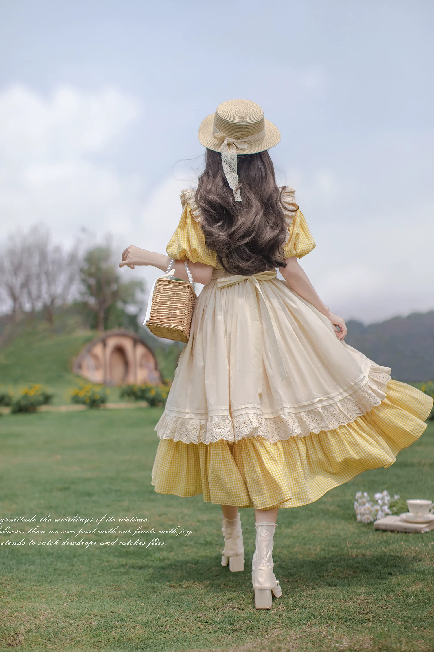 HuTaoMuJK - Belle - Yellow Lolita OP Dress Set Apron Dress Plaid Print - Image 9